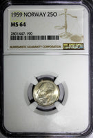 Norway Olav V Copper-Nickel 1959 25 Ore NGC MS64 BETTER DATE KM# 407 (010)