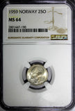 Norway Olav V Copper-Nickel 1959 25 Ore NGC MS64 BETTER DATE KM# 407 (010)