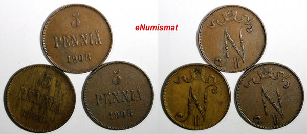 FINLAND Nicholas II Copper LOT OF 3 COINS 1908  5 Penniä KM# 15 (14 242)