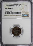 Germany - Empire Wilhelm II Copper 1900-A 1 Pfennig NGC MS63 BN KM# 10 (190)
