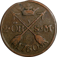 SWEDEN Adolf Frederick (1751-1771) 1760 S.M. 2 Ore Mintage-558,000 KM#461 15098