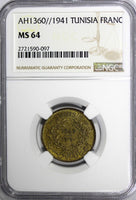 TUNISIA Anonymous Aluminum-Bronze AH1360 1941 1 Francs NGC MS64  KM# 247 (097)