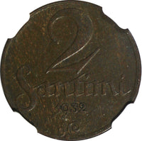 Latvia Bronze 1932 2 Santimi NGC AU DETAILS Last Year Type KM# 2 (016)