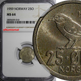 Norway Olav V Copper-Nickel 1959 25 Ore NGC MS64 BETTER DATE  KM# 407 (190)