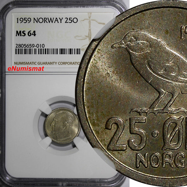 Norway Olav V Copper-Nickel 1959 25 Ore NGC MS64 BETTER DATE  KM# 407 (190)