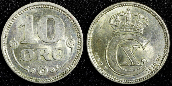 Denmark Christian X Silver 1918 VBP; GJ 10 Øre Last Year UNC KM# 818.1 (23 850)