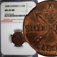 SWEDEN Gustaf IV Copper 1808 1/12 Skilling NGC MS65 RB TOP GRADED KM# 563 (028)