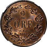 Sweden Carl XV Bronze 1861 2 Öre NGC MS64 BN NICE TONED TOP GRADED KM#706 (215)