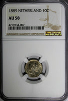 Netherlands William III Silver 1889 10 Cents NGC AU58 Light Toned KM# 80