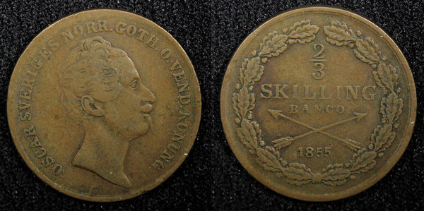SWEDEN Oscar I Copper 1855 2/3 Skilling Last Year Type KM# 663 (22 548)