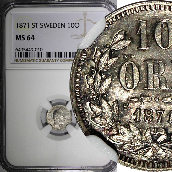 Sweden Carl XV Adolf Silver 1871 ST 10 Öre Last Year Type NGC MS64 KM# 710 (010)