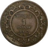 Tunisia Muhammad V Silver AH1330 (1912) A 1 Franc ch.XF Toned  KM# 238 (18 989)