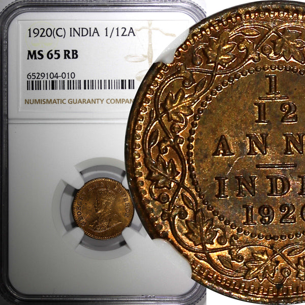 India-British George V Bronze 1920 (C) 1/12 Anna NGC MS65 RB KM#509 (010)