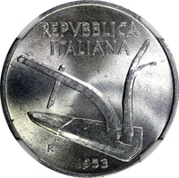Italy Aluminium 1953 R 10 Lire NGC MS65 TOP GRADED KM# 93 (39)