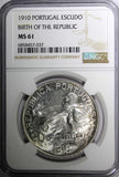 Portugal Silver 1910 Escudo NGC MS61 Birth of the Republic 37mm KM# 560 (7)