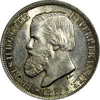 Brazil Pedro II Silver 1867 200 Reis aUNC  Condition Toned KM# 471
