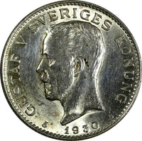 SWEDEN Gustaf V Silver 1930 G 1 Krona HIGH GRADE KM# 786.2