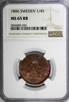 SWEDEN Gustav IV Adolf 1806 1/4 Skilling NGC MS65 RB FULL RED TOP GRADED KM564/6