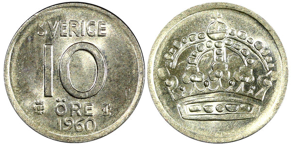 Sweden Gustaf VI SILVER 1960 10 Öre UNC KM# 823 (22 102)