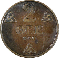Norway Haakon VII Bronze 1911 2 Øre Mintage-500 000 KM# 371 (21 686)