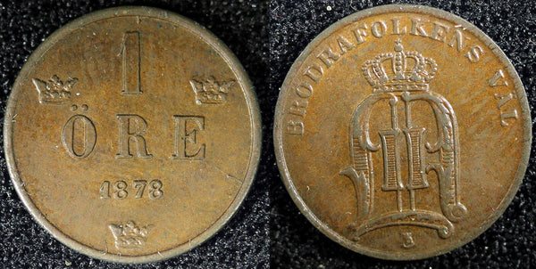 Sweden Oscar II Bronze 1878 1 Öre Large letters aUNC KM# 745 (23 164)