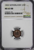 Netherlands Wilhelmina I Bronze 1903 1/2 Cent NGC MS63 RB 2 YEARS TYPE KM# 133