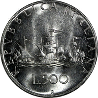 Italy Silver 1966 R 500 Lire Columbus' ships UNC KM# 98 (18 536)