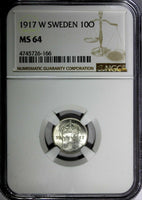SWEDEN Gustaf V Silver 1917-W 10 Ore NGC MS64 WWI Issue  KM#780