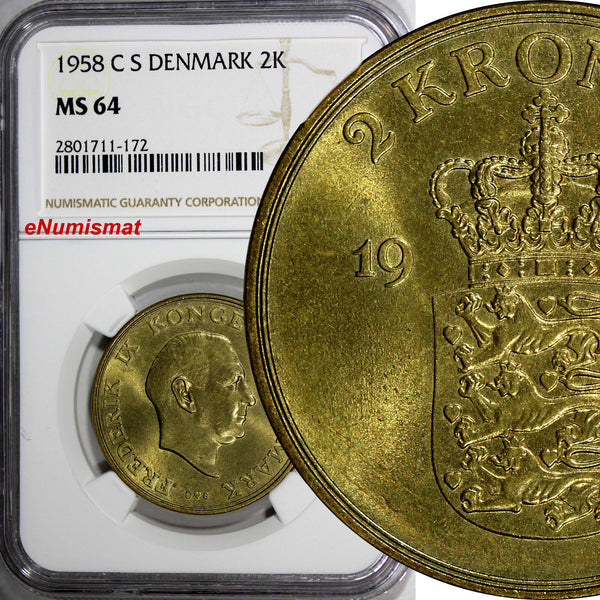 Denmark Frederik IX Aluminum-Bronze 1958 C S  2 Kroner NGC MS64 KM# 838.2 (172)