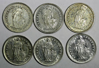 Switzerland Silver LOT OF 6 COINS 1950-1960 1/2 Franc  KM# 23