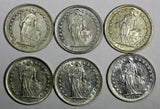 Switzerland Silver LOT OF 6 COINS 1950-1960 1/2 Franc  KM# 23