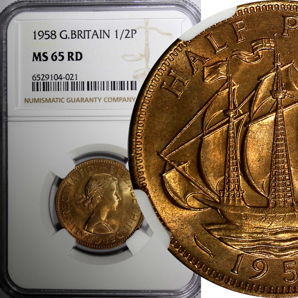 Great Britain Elizabeth II Bronze 1958 1/2 Penny NGC MS65 RD NICE RED KM#896 (1)