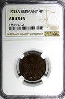 Germany, Weimar Republic Bronze 1932 A 4 Reichspfennig NGC AU58 BN KM# 75 (168)