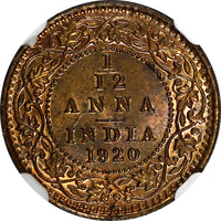 India-British George V Bronze 1920 (C) 1/12 Anna NGC MS65 RB KM#509 (010)