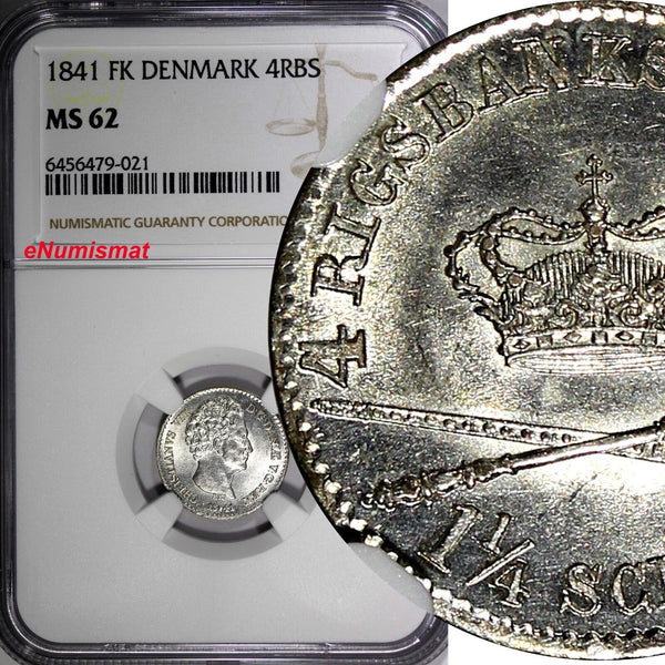 Denmark Christian VIII Silver 1841 FK 4 Rigsbankskilling NGC MS62 KM# 721.1 (21)