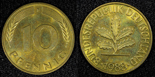 Germany - Federal Republic 1988 F 10 Pfennig Stuttgart Mint KM# 108 (22 729)