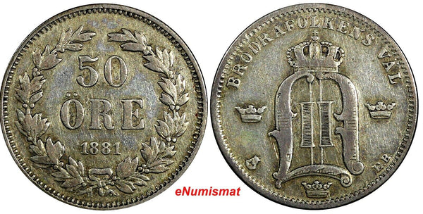 SWEDEN Oscar II Silver 1881 EB 50 Ore Mintage-268,000  22 mm SCARCE KM# 740 (88)