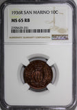 San Marino 1936 R 10 Centesimi NGC MS65 RB Lowest Mintage -300,000 KM# 13 (251)