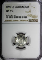 Sweden Oscar II Silver 1896 EB 25 Ore NGC MS63  KM# 739 (139)