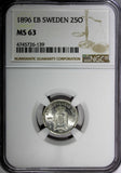 Sweden Oscar II Silver 1896 EB 25 Ore NGC MS63  KM# 739 (139)