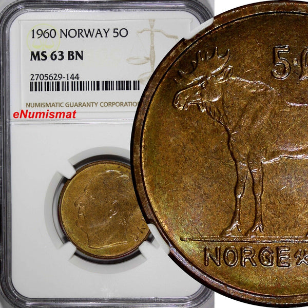 Norway Olav V Bronze 1960 5 Øre NGC MS63 BN  KM# 405 (144)