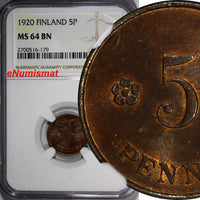 Finland Copper 1920 5 Pennia NGC MS64 BN TOP GRADED BY NGC KM# 22 (179)