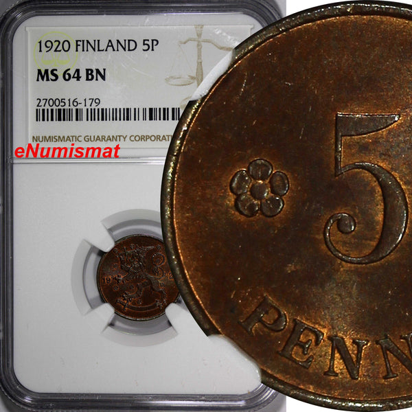Finland Copper 1920 5 Pennia NGC MS64 BN TOP GRADED BY NGC KM# 22 (179)