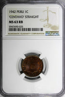 Peru 1942 1 Centavo STRAIGHT NGC MS63 RB 1 Graded Highest Toned KM# 208a (025)