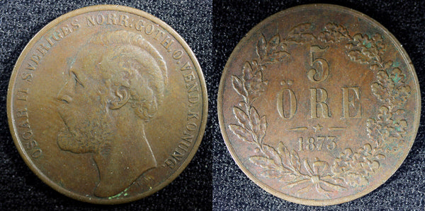 Sweden Oscar II Bronze 1873 5 Ore Mintage-783,000 27 mm XF KM# 730 (23 173)