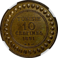 Tunisia Ali III Bronze  AH1308//1891 A 10 Centimes NGC MS65 BN TOP GRADE KM# 222