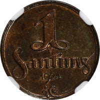 Latvia Bronze 1924 1 Santims NGC MS63 BN Toning Struck at Switzerland.KM# 1