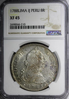 PERU  CARLOS III (1759-1788) Silver 1788 LIMA -IJ 8 Reales NGC XF45 KM# 78a(210)