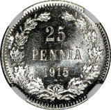 Finland Nicholas II Silver 1915 S 25 Pennia NGC MS66 WWI GEM BU KM #6.2 (005)