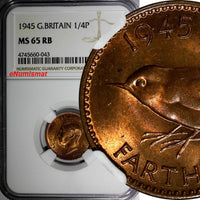 Great Britain George VI Bronze 1945 Farthing NGC MS65 RB RED TONING KM# 843 (43)